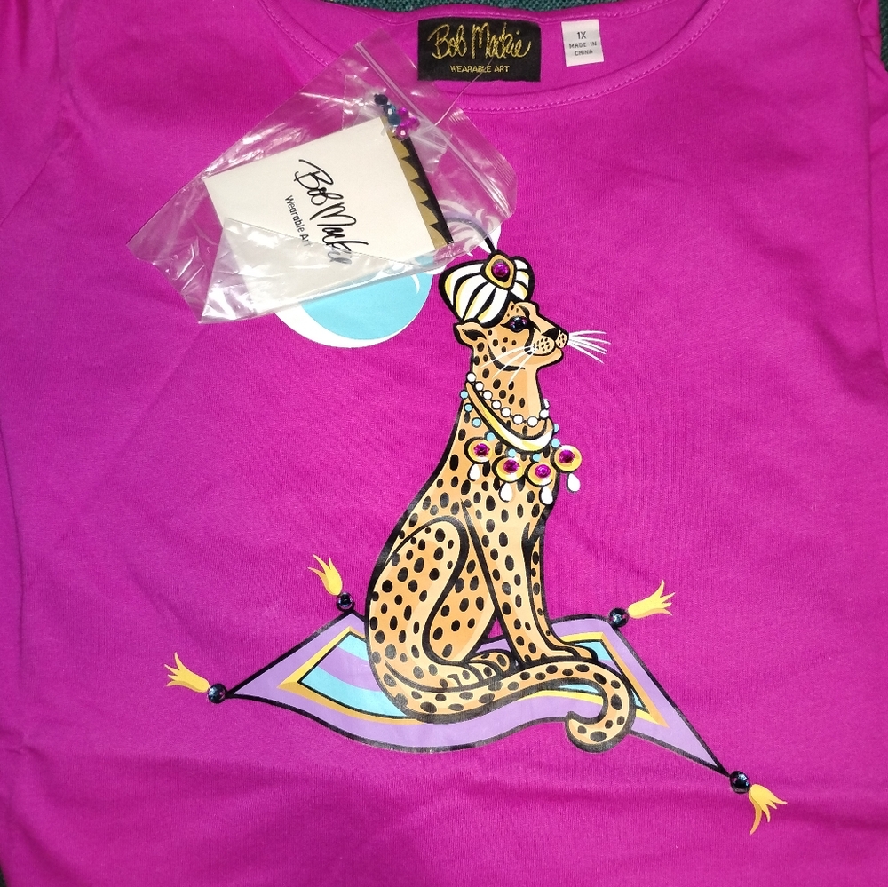 Bob Mackie Magenta Bedazzled Magic Carpet Cheetah Graphic Top